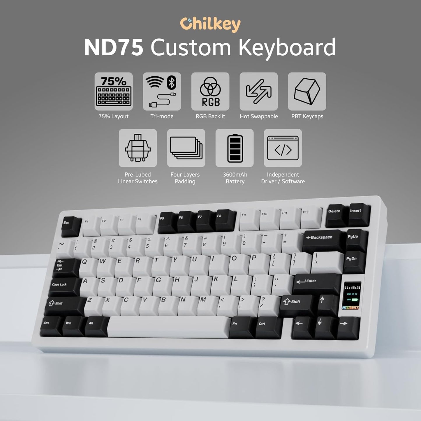 Chilkey - ND75 Aluminum 75% Wireless Mechanical Gaming Keyboard with LCD Screen, Quick Assembly, BT/2.4G/USB-C, Hot Swappable Per-Key RGB Custom Keyboard for Windows, Macos - Serious Techies
