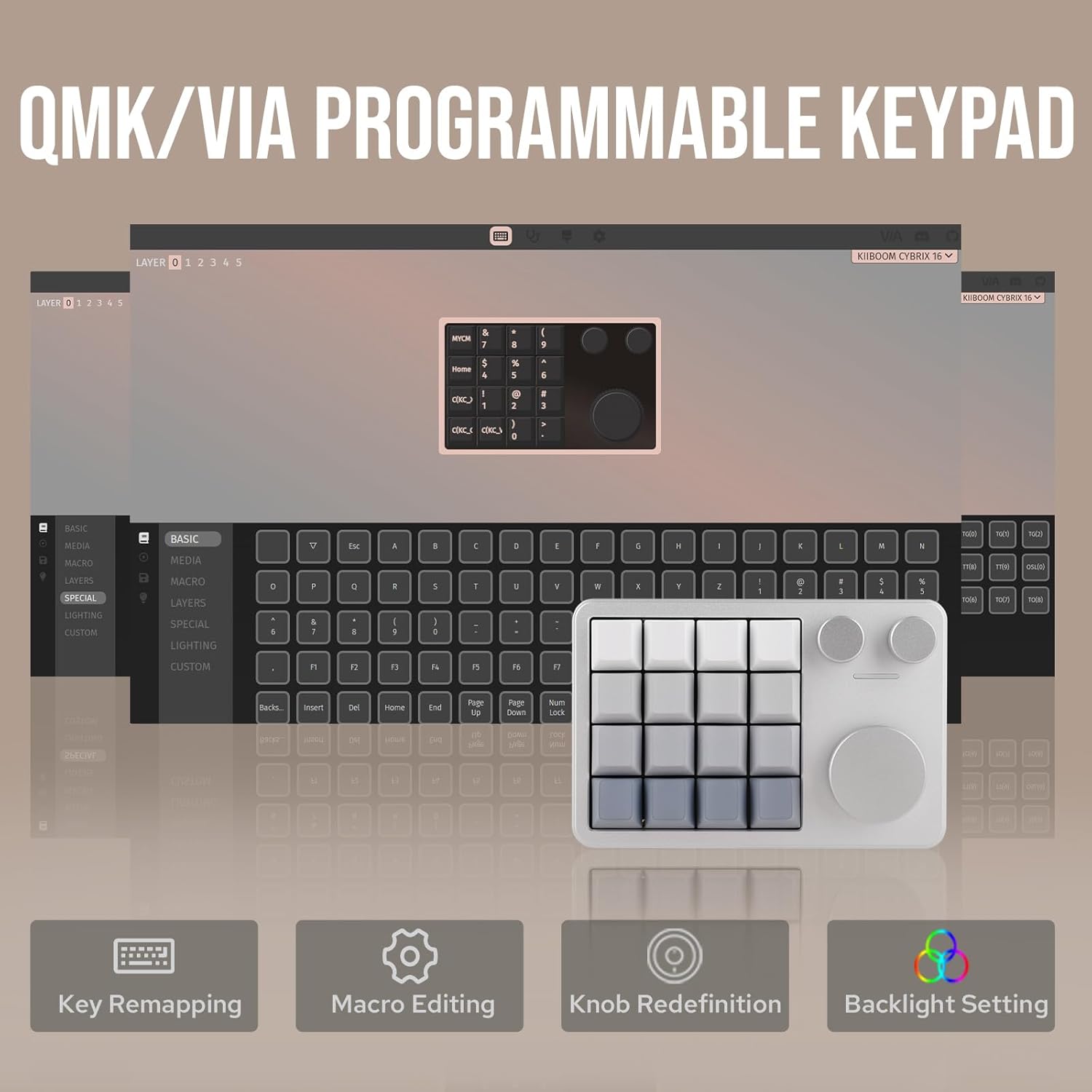 KIIBOOM - Cybrix 16 via Programmable Macro Pad - 16 Keys + 3 Knobs, Type-C Wired Aluminum Numpad, Hot-Swappable PCB, RGB Backlight, Lightweight & Portable Numeric Keypad for Windows & Mac (Silver) - Serious Techies