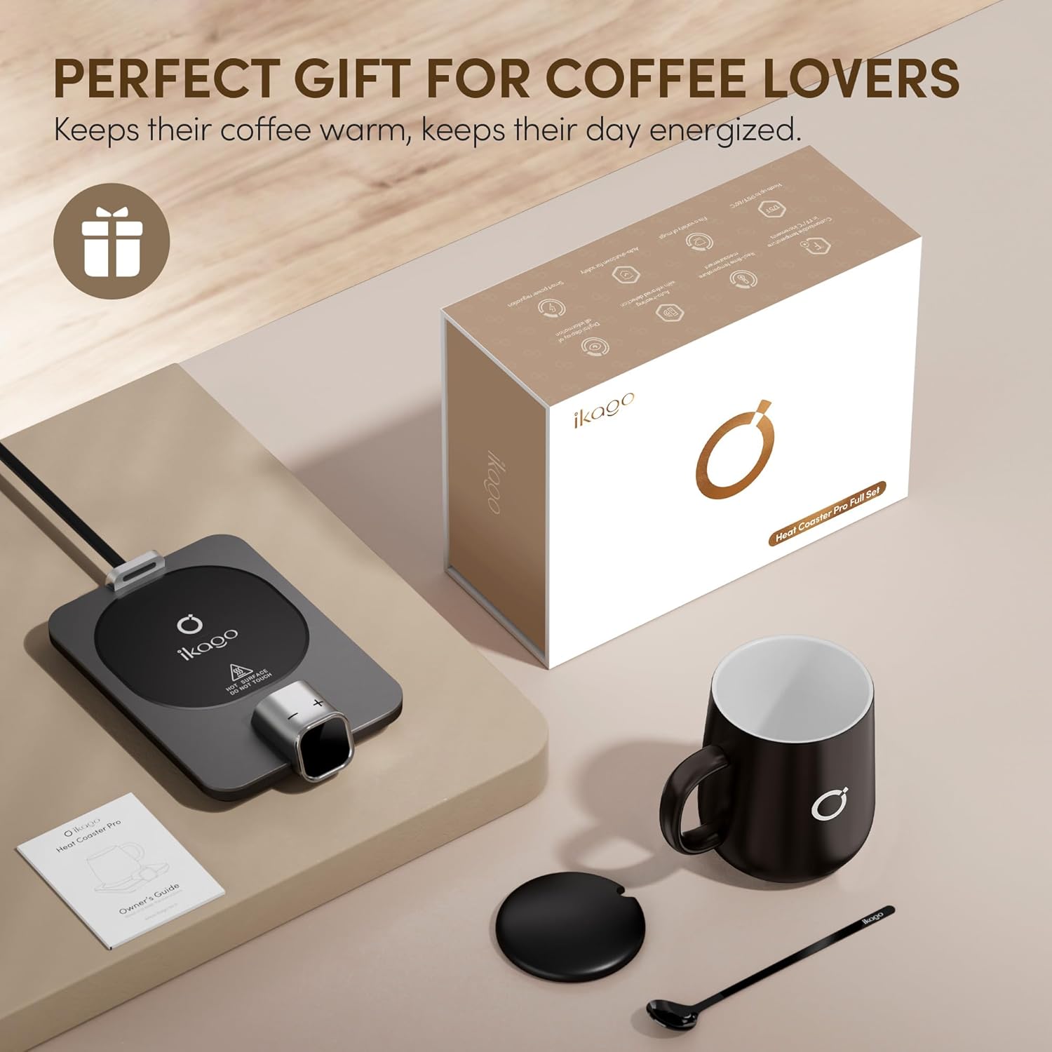 Ikago - Coffee Mug Warmer Set, Temperature Control Smart Heated Mug for Desk, Electric Coffee Warmer with Auto Shut off & Real-Time Temp Display, Gifts for Men Women, 15Oz, Black - Serious Techies