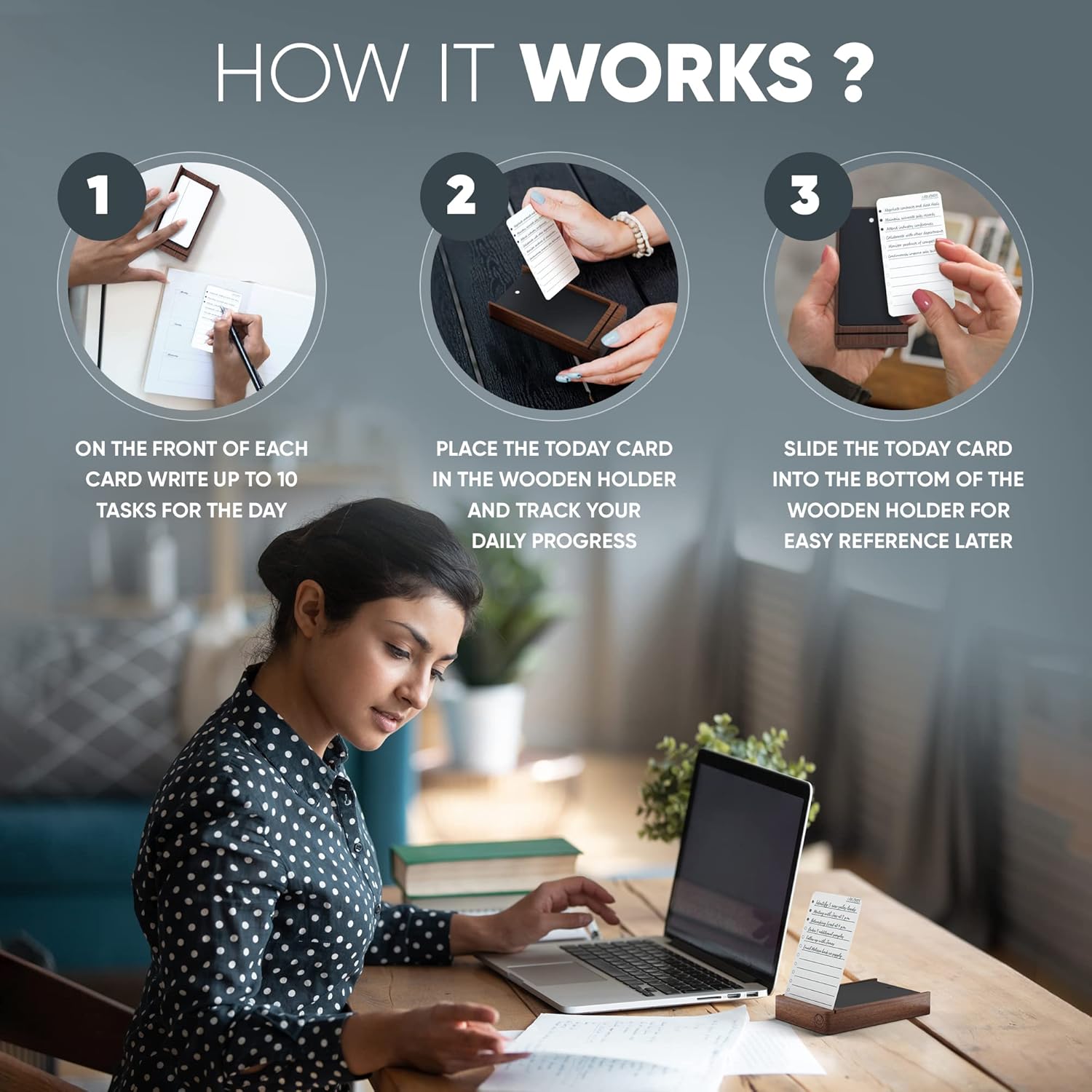 Mind Design Store - Walnut Stand plus 180 to Do List Cards and 20 Goal Setting Cards - Serious Techies