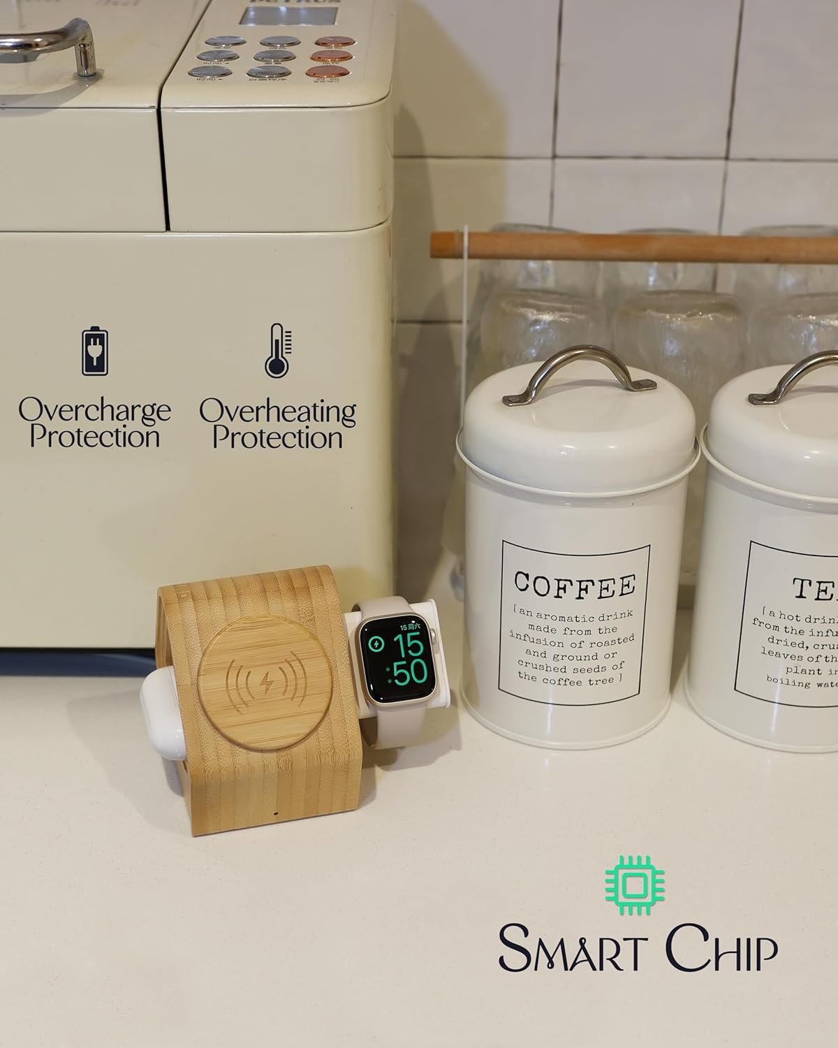 DYEWEAVE - Bamboo Wireless Charging Station for Apple: 3-In-1 Charger Stand with Cabin Style for Iphone 16 15 14 13 12 Series, Apple Watch 10-2, Ultra, and Airpods 4-2, Pro, Magsafe Wireless Charger(20W Adapter) - Serious Techies