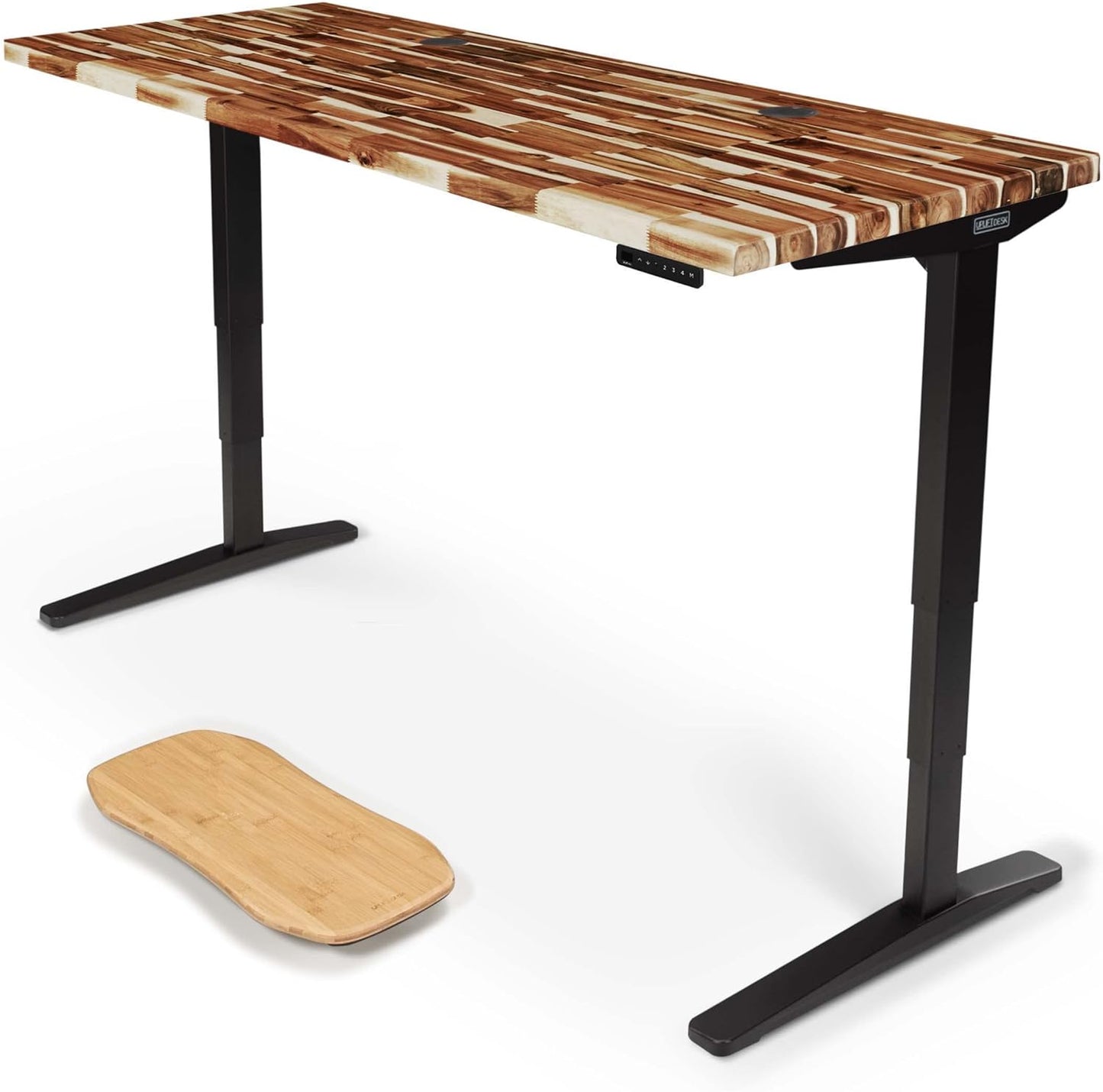Uplift - Desk Acacia Butcher Block (72 X 30 Inch) Standing Desk 2-Leg V2 Adjustable Stand up C-Frame (Black), Advanced Keypad, Wire Grommets, Wire Tray, Rocker Board - Serious Techies