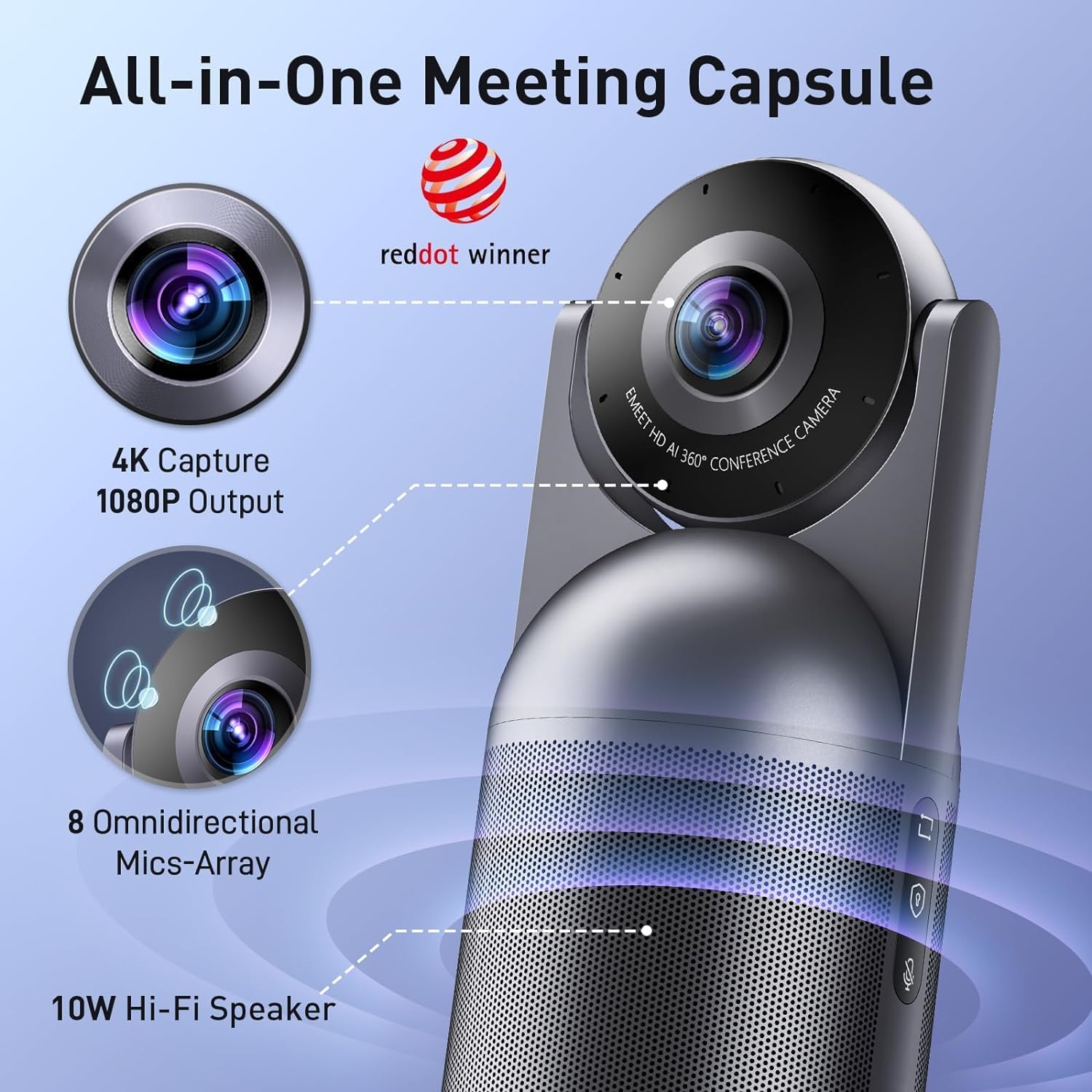 EMEET - Meeting Capsule (Gen 2), 360° 4K Capture, 1080P AI Video Conference Camera, AI Voice/Face/Figure Tracking, 8 Noise-Cancelling Mics, 10W Hi-Fi Speaker, Plug & Play, for up to 10 People - Serious Techies