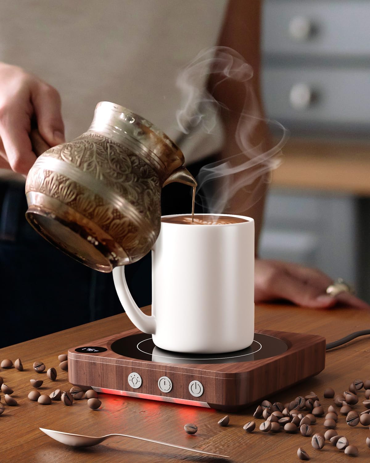House Gem - Mug Warmer - 36W Coffee Mug Warmer for Desk with Temperature Display, 2-12Hrs Auto Shut Off, Smart Candle Warmer - Ideal Coffee Gifts Accessories Keep Beverages Coffee Warmer (Wood) - Serious Techies