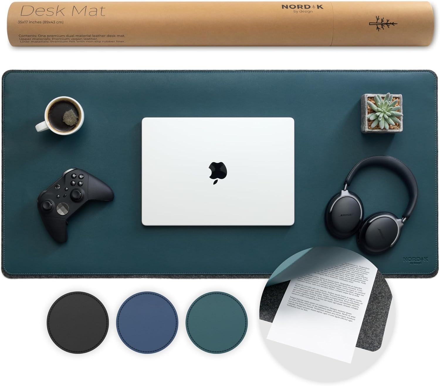 Nordik - Leather Top and Felt bottom Desk Mat Non-Slip - Blue - 35 X 17 Inch - Felt and Vegan Leather Desk Pad - Document Organizers - Desk Blotter and Desktop Mat - Desk Protector Laptop Desk Matt for Desktop - Serious Techies