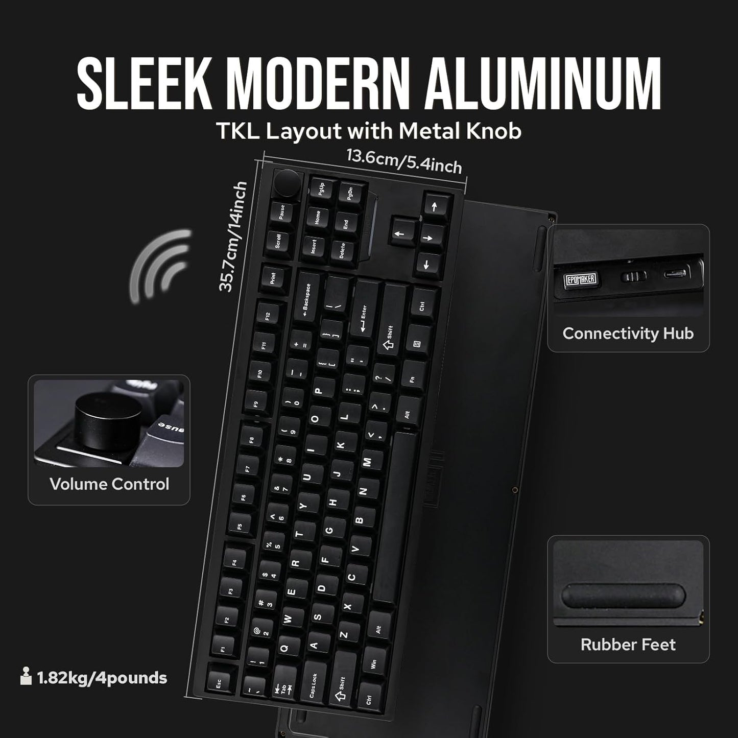 EPOMAKER - P87 TKL Aluminum Wireless Gaming Keyboard, QMK/VIA Programmable, 87% Bluetooth/2.4Ghz/Usb-C, with CNC Metal Knob and RGB Backlight (Black, Wisteria Tactile Switch) - Serious Techies