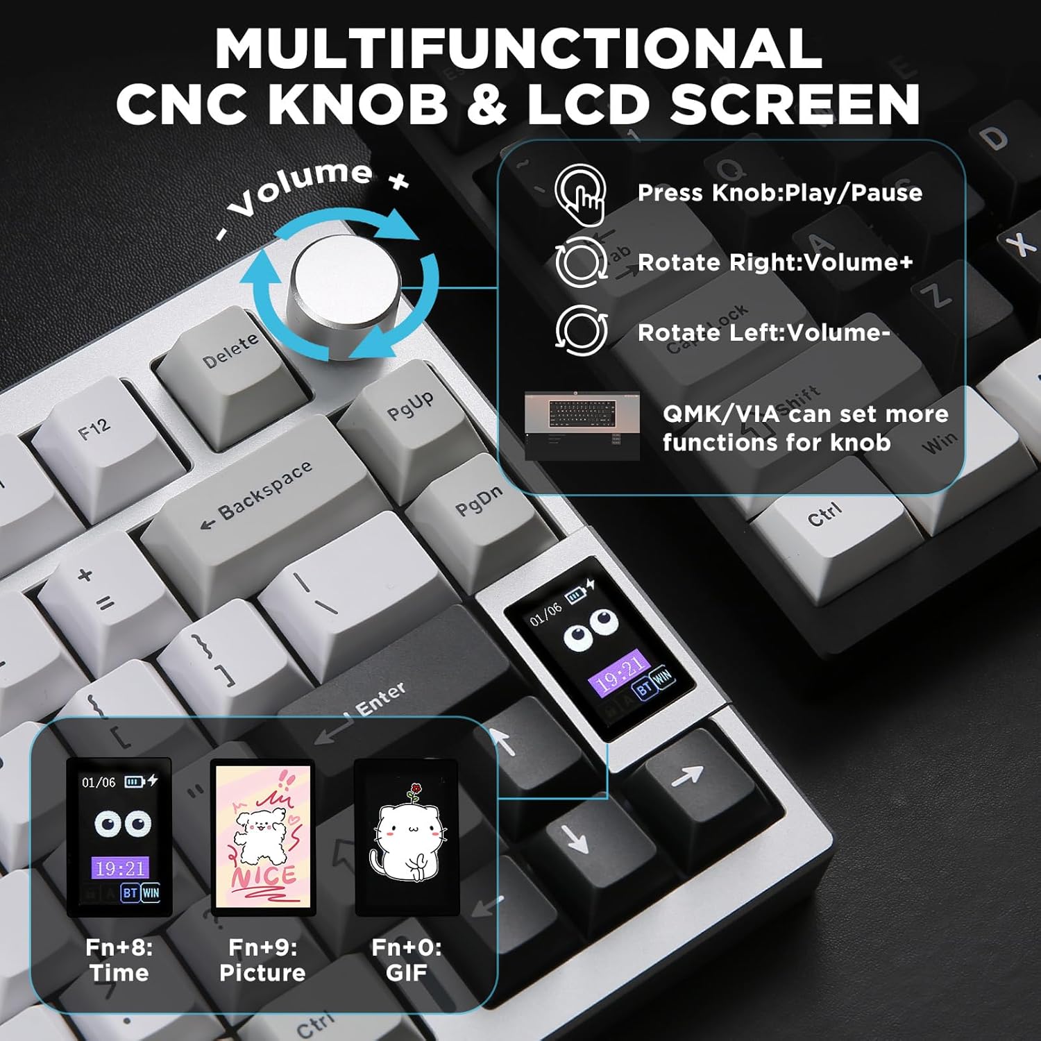 AL80 Wireless Mechanical Keyboard,Full Aluminum CNC, Smart LCD Display,Hot Swappable Gasket Mount 75% Layout with Knob,Bt/2.4G/Usb-C,Qmk/Via Support for Win/Mac (Silver, Gateron Zero Switch)