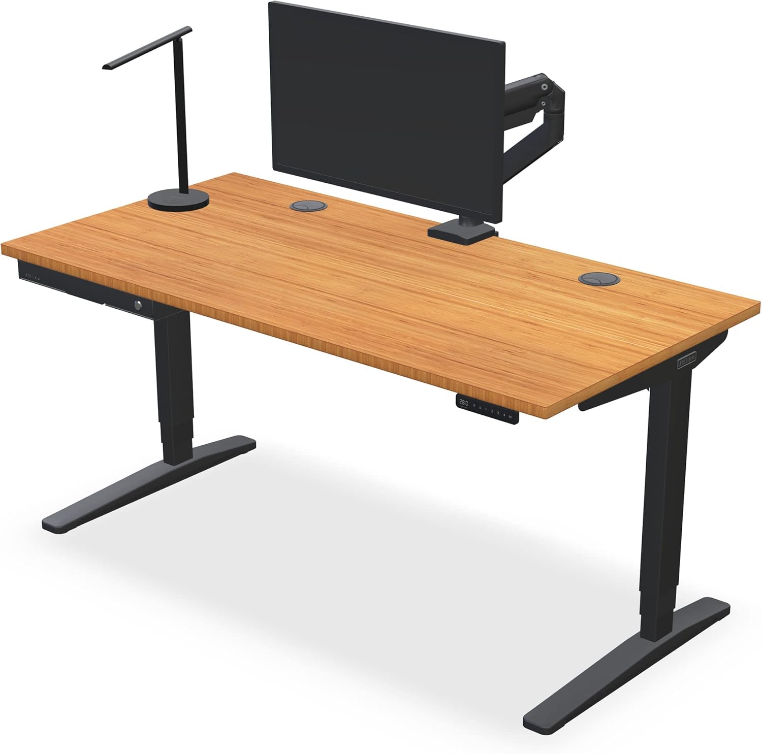 Uplift - Desk Bamboo (60 X 30 Inch) Standing Desk 2-Leg V2 Adjustable Stand up C-Frame (Black), Advanced Keypad, Wire Grommets, Wire Tray, Rocker Board - Serious Techies