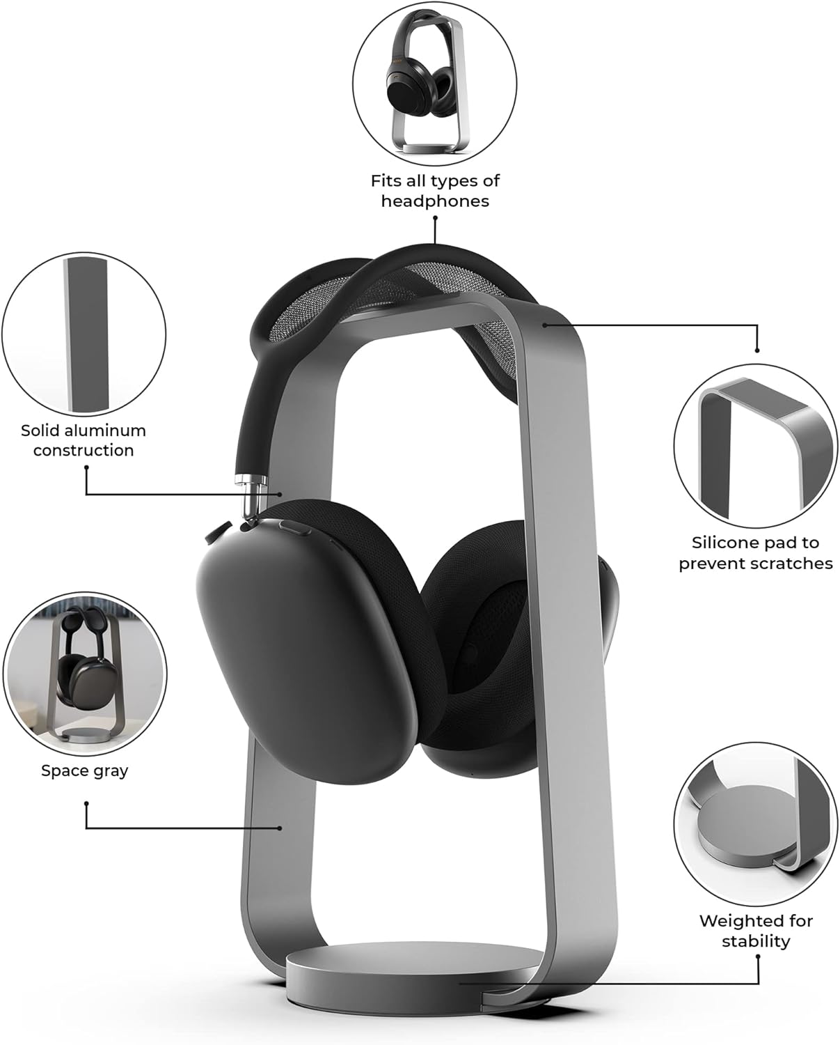 HumanCentric - Headphone Stand Headset Holder in Space Gray, Weighted Aluminum Headphone Holder, Desk Headphone Hanger Displays and Holds Headsets, Works with Most Headphone Brands and Sizes - Serious Techies