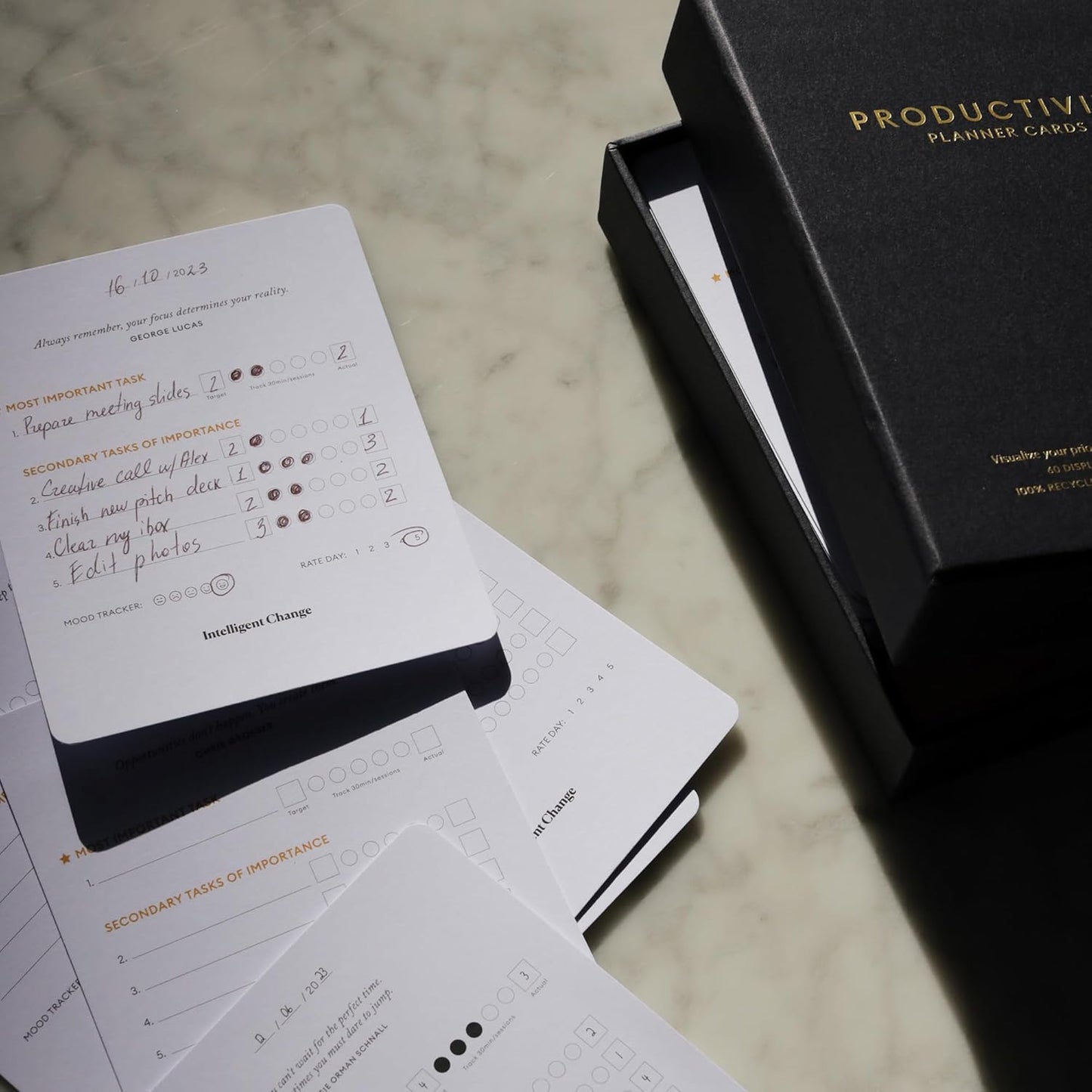 Intelligent Change - Productivity Planner Cards with Display Stand, Compact Desk-Friendly Daily Prioritization Cards, Inspirational Quotes, Dual-Purpose Design for Daily Organization and Notes - Serious Techies
