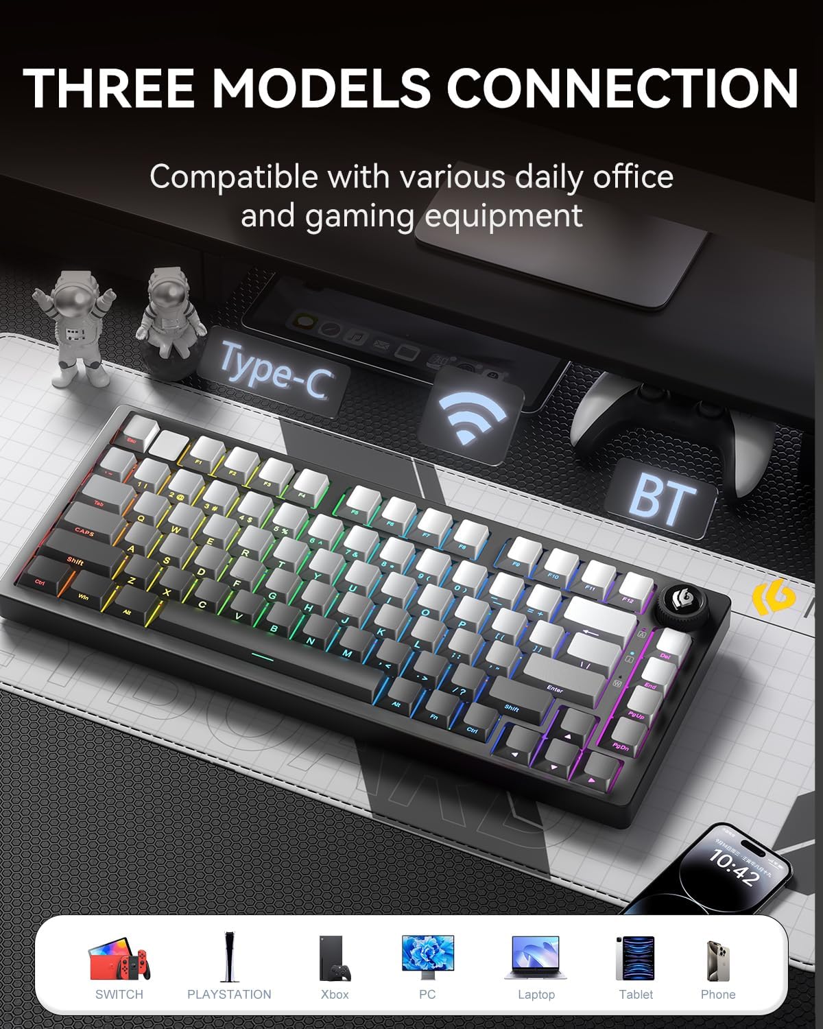 LEOBOG - HI75C Pro Mechanical Keyboard, 75% Hot Swappable Gaming Keyboard with Five-Layer Knob, Bluetooth/2.4Ghz/Usb-C Wireless Keyboards for Windows/Mac/Ios/Android - Reaper Switch, Grey - Serious Techies