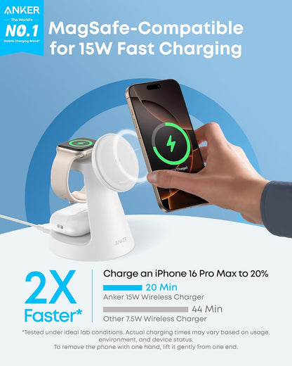 Anker - Magsafe Charger Compatible, Maggo 3-In-1 Charging Station, Nano Charging Stand, Qi2 Certified 15W Magnetic Wireless Charger Dock, for Iphone17/16/15/14, Apple Watch,Airpods (Adapter Included) - Serious Techies