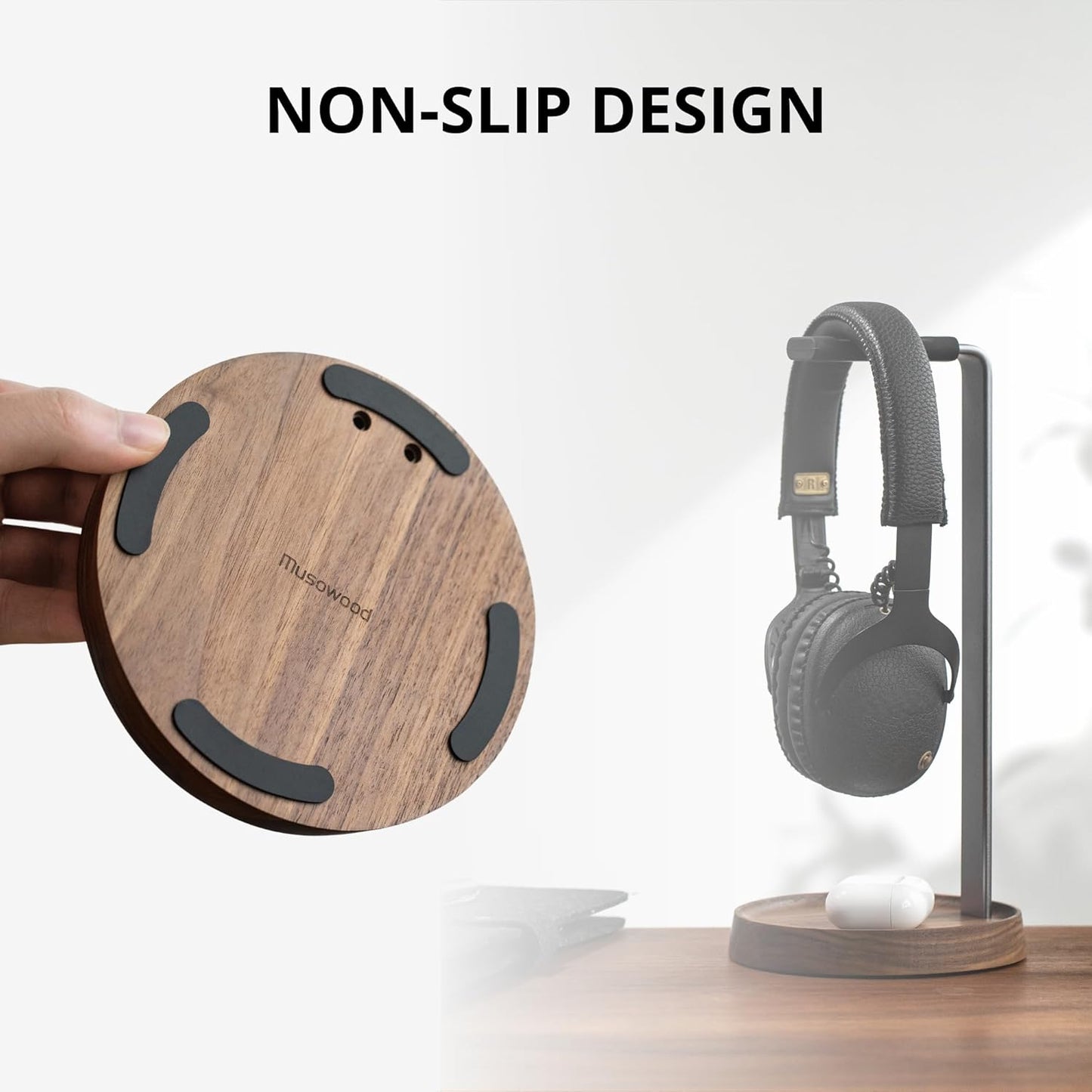 muso - Walnut Headphone Stand, Universal Headset Stand with Storage Base, Wood Desktop Headphone Holder for Gaming Headset and Music Headset - Serious Techies