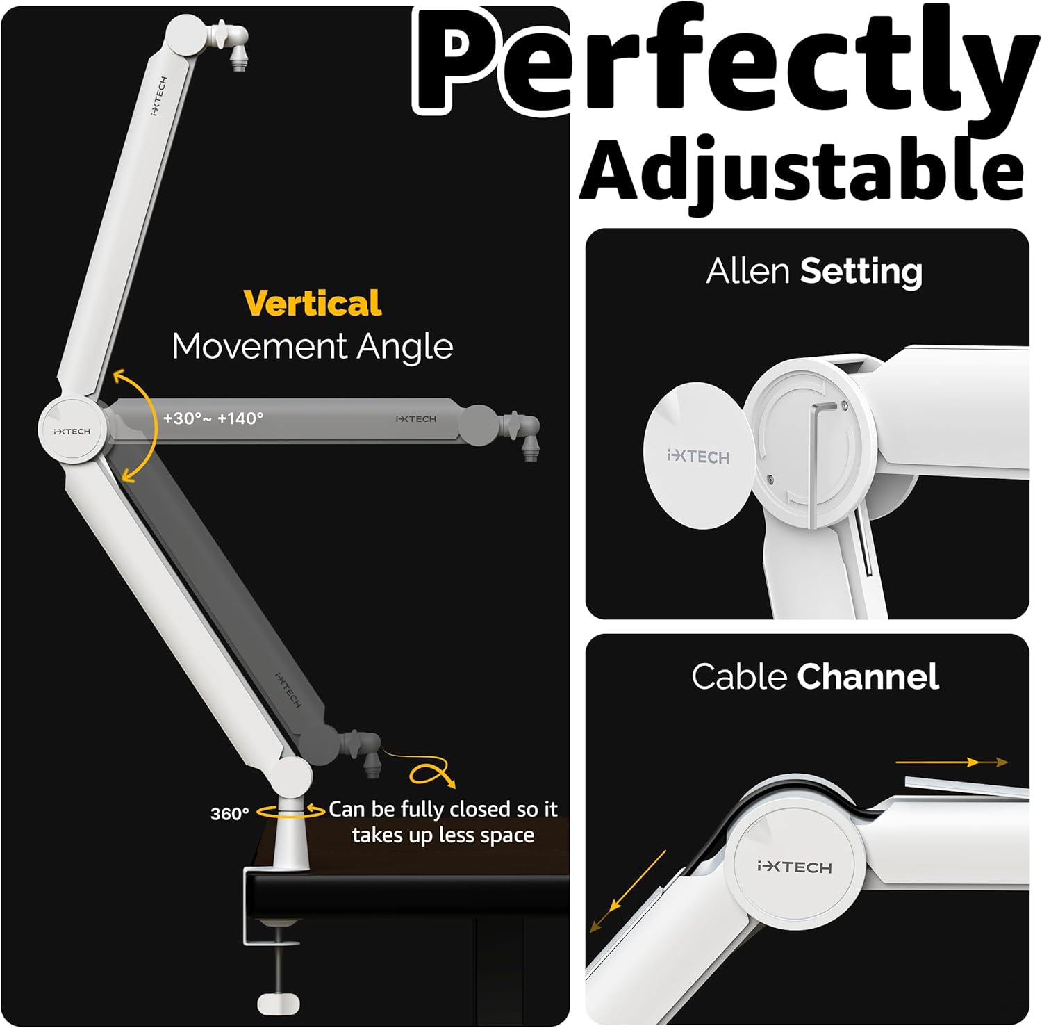 IXTECH - Mic Arm White Premium Boom Arm 360° Rotatable Microphone Arm Stand with Desk Mount Fully Adjustable Sturdy and Universal VALIANT WHITE Model - Serious Techies