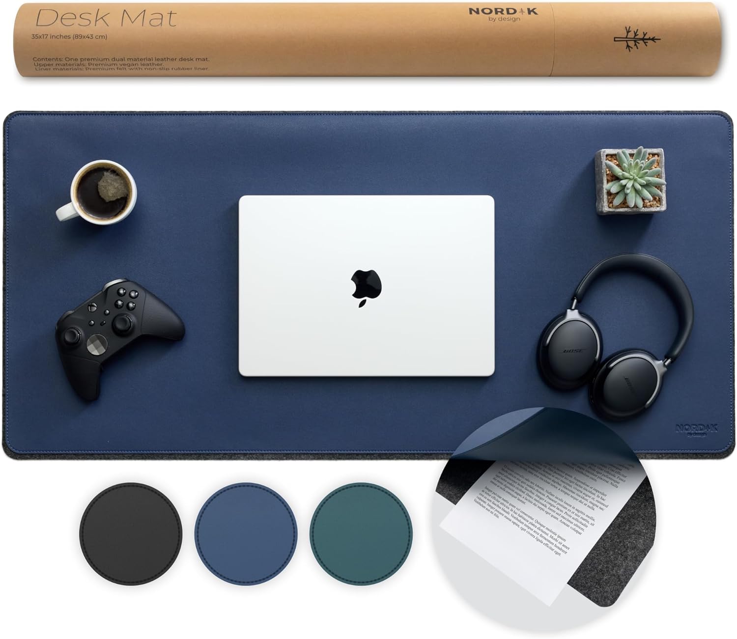 Nordik - Leather Top and Felt bottom Desk Mat Non-Slip - Blue - 35 X 17 Inch - Felt and Vegan Leather Desk Pad - Document Organizers - Desk Blotter and Desktop Mat - Desk Protector Laptop Desk Matt for Desktop - Serious Techies