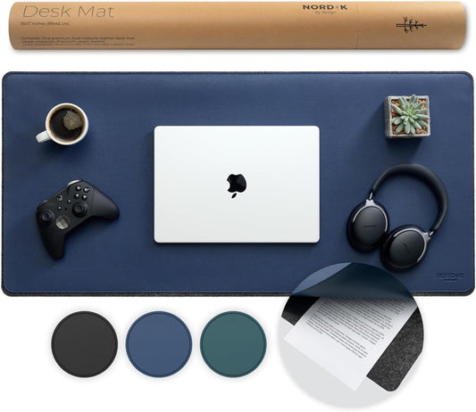 Nordik - Leather Top and Felt bottom Desk Mat Non-Slip - Blue - 35 X 17 Inch - Felt and Vegan Leather Desk Pad - Document Organizers - Desk Blotter and Desktop Mat - Desk Protector Laptop Desk Matt for Desktop - Serious Techies