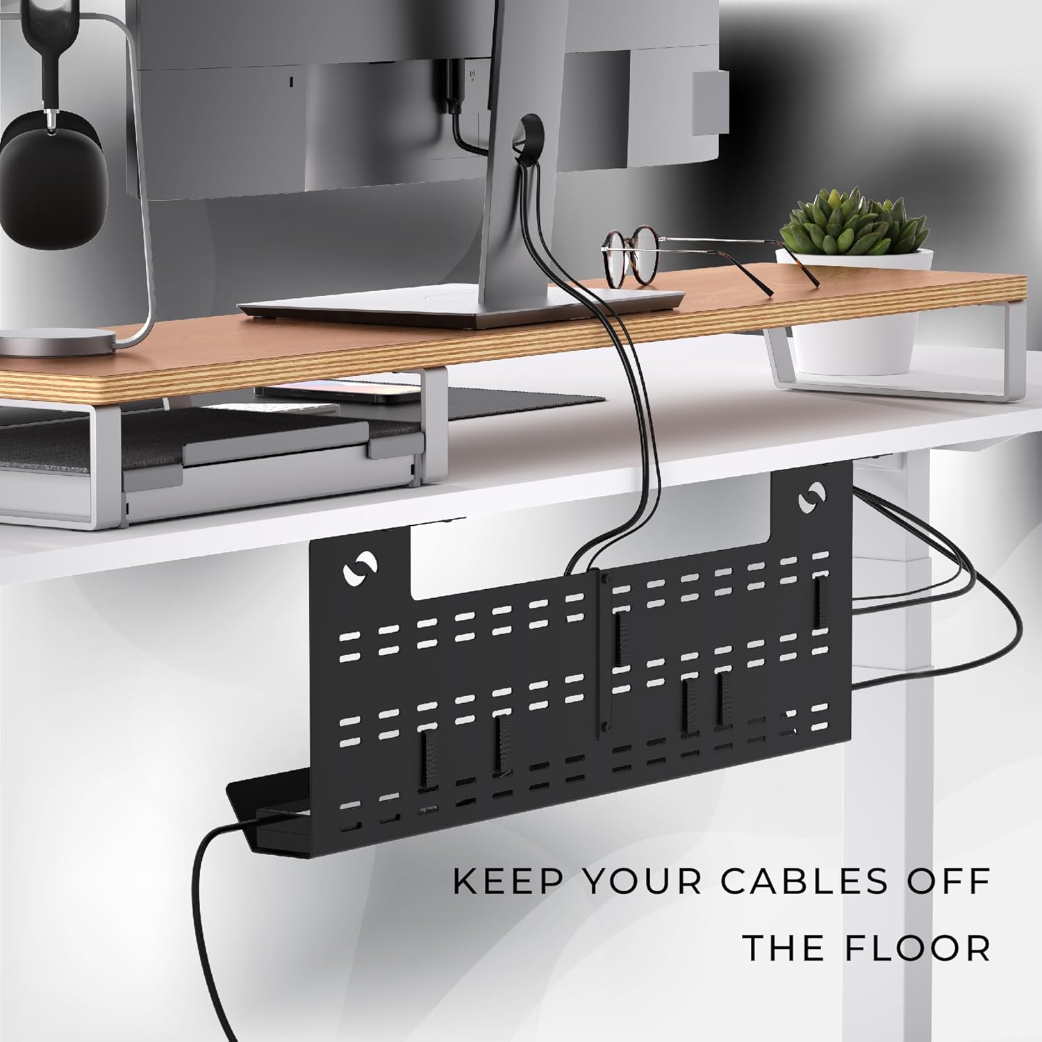 HumanCentric - Under Desk Cable Management Tray and Computer Cord Raceway, Underdesk Cord Organizer, Standing Desk Cable and Wire Management, Heavy Duty, Included Velcro Straps, Medium, Black - Serious Techies