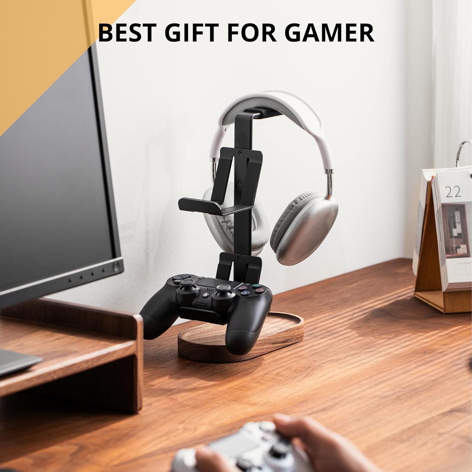 muso - 2-In-1 Gaming Controller Stand, Headphone Stand, Walnut Controller Stand, Desktop Headset Stand for Game Controllers and PC Earphone Accessories - Serious Techies