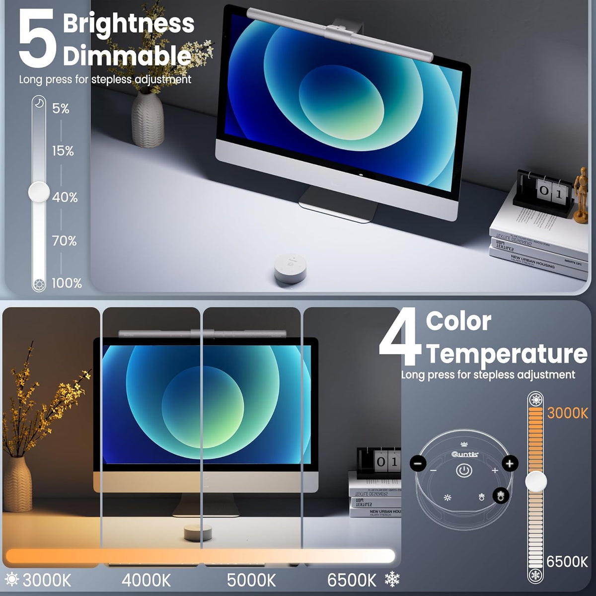 Quntis - Monitor Light Bar Pro White, Eye-Care No Glare USB Computer Lamp, Stepless Dimming & Auto-Dimming Brightness, Dual Control, Modern Aesthetic Space Saving Desk Accessories Office Gaming Reading - Serious Techies