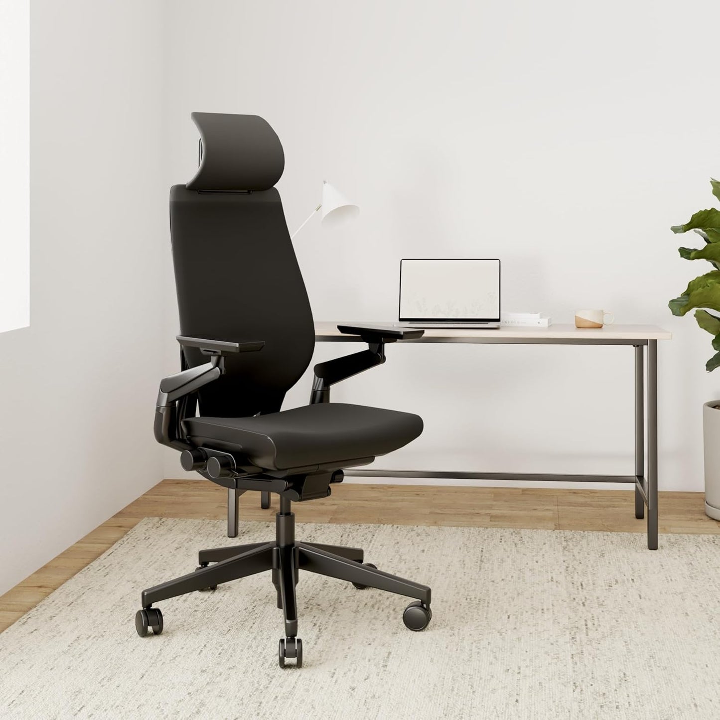 Steelcase - Gesture Office Chair with Head Rest - Ergonomic Work Chair with Wheels for Carpet - Comfortable Office Chair - Intuitive-To-Adjust Chairs for Desk - 360-Degree Arms - Licorice Fabric - Serious Techies
