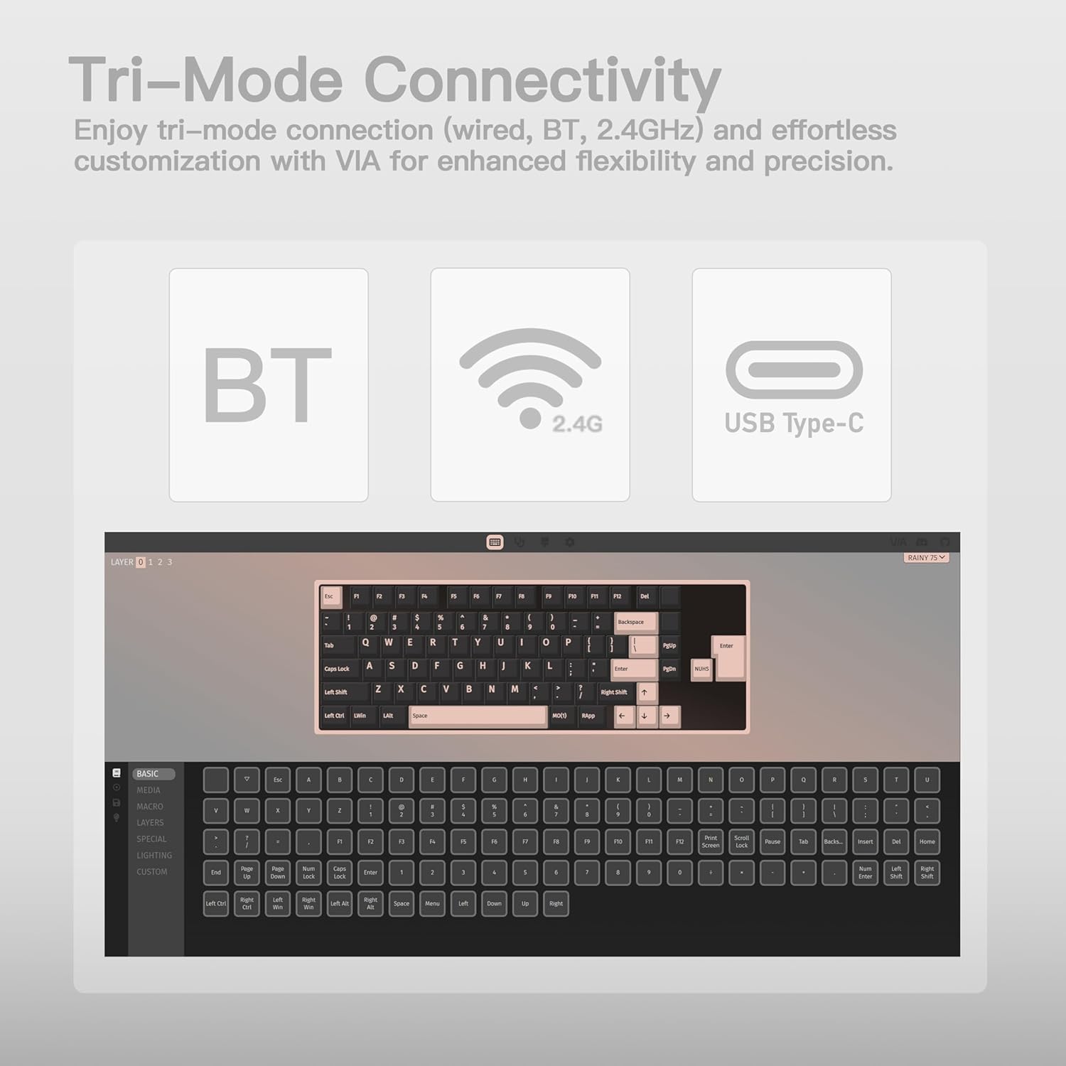WOBKEY -  Rainy 75 CNC Aluminum Hmx/Jwk/Cocoa Switches Triple-Mode Connectivity Mechanical Keyboard with Superior Acoustics, No Rgb/Pp/Mirrored Glass/3500Mah/Violet Switch (Lite - Silver) - Serious Techies
