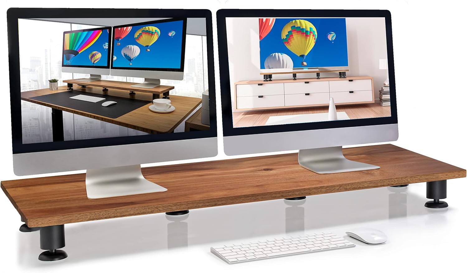 Nordik - Large Dual Monitor Riser for 2 - Premium Handmade Hardwood Acacia Computer - Laptop TV Stand with Storage for Desk Accessories - Serious Techies