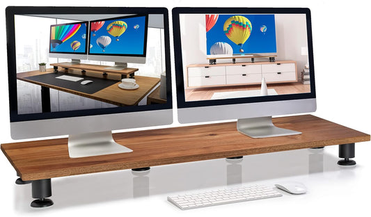 Nordik - Large Dual Monitor Riser for 2 - Premium Handmade Hardwood Acacia Computer - Laptop TV Stand with Storage for Desk Accessories - Serious Techies