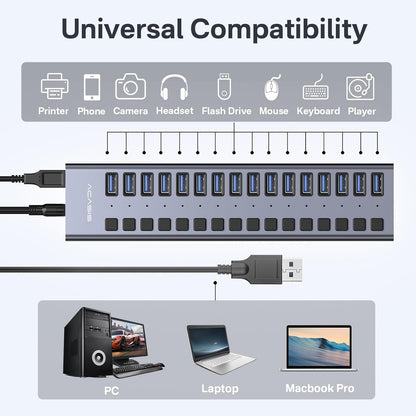 ACASIS - Powered USB 3.1 Hub,  16 Ports USB 3.1 Hub with 10Gbps Data Speed，Aluminum Housing, USB Hub Powered with 96W Power Adapter, USB Hub for Pc/Laptop, Computer, Flash Drive, Printer, Camera - Serious Techies