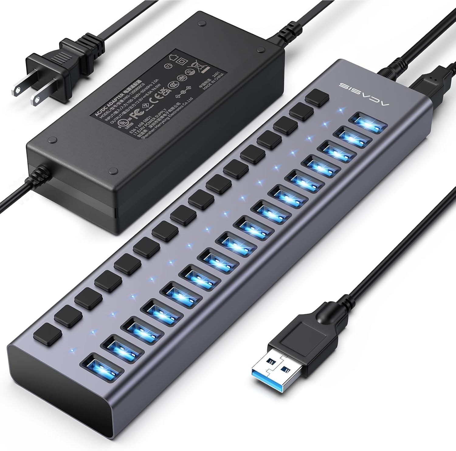 ACASIS - Powered USB 3.1 Hub,  16 Ports USB 3.1 Hub with 10Gbps Data Speed，Aluminum Housing, USB Hub Powered with 96W Power Adapter, USB Hub for Pc/Laptop, Computer, Flash Drive, Printer, Camera - Serious Techies