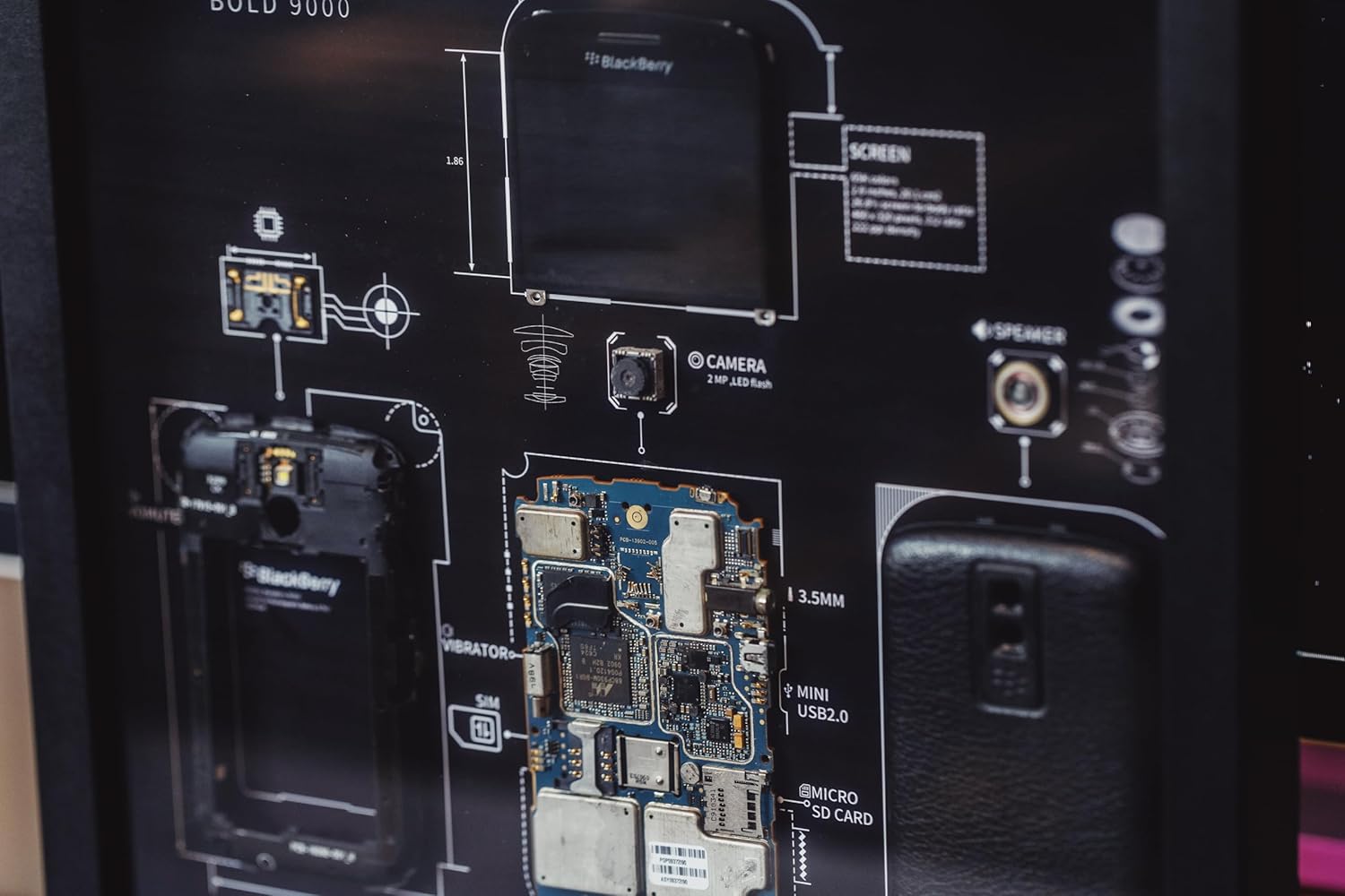 Funbox Design - Disassembled Black Berry Bold 9000 Frame Art, Disassemble Art, Framed Phone, Black Berry 9000 Teardown, Cool Wall Art - Serious Techies