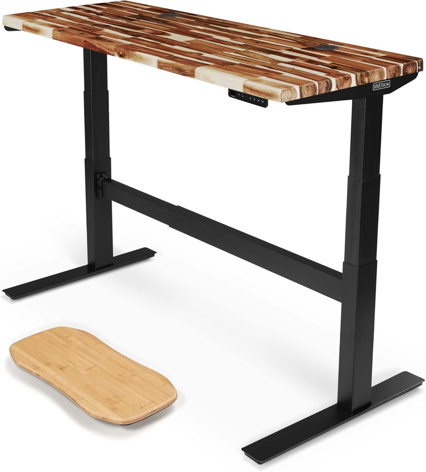 Uplift - Desk Acacia Butcher Block (60 X 24 Inch) Standing Desk 2-Leg V2-Commercial Adjustable Stand up C-Frame (Black), Advanced Keypad, Wire Grommets, Wire Tray, Rocker Board - Serious Techies