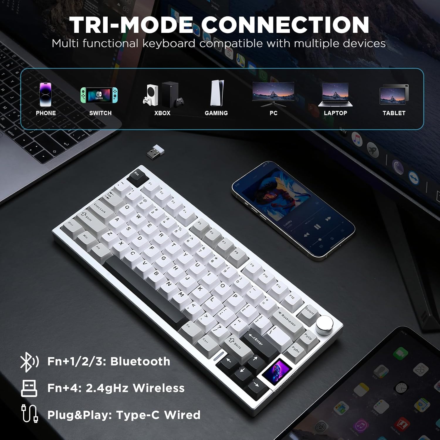 AL80 Wireless Mechanical Keyboard,Full Aluminum CNC, Smart LCD Display,Hot Swappable Gasket Mount 75% Layout with Knob,Bt/2.4G/Usb-C,Qmk/Via Support for Win/Mac (Silver, Gateron Zero Switch)