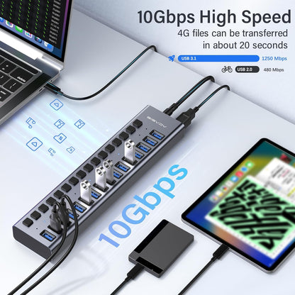 ACASIS - Powered USB 3.1 Hub,  16 Ports USB 3.1 Hub with 10Gbps Data Speed，Aluminum Housing, USB Hub Powered with 96W Power Adapter, USB Hub for Pc/Laptop, Computer, Flash Drive, Printer, Camera - Serious Techies