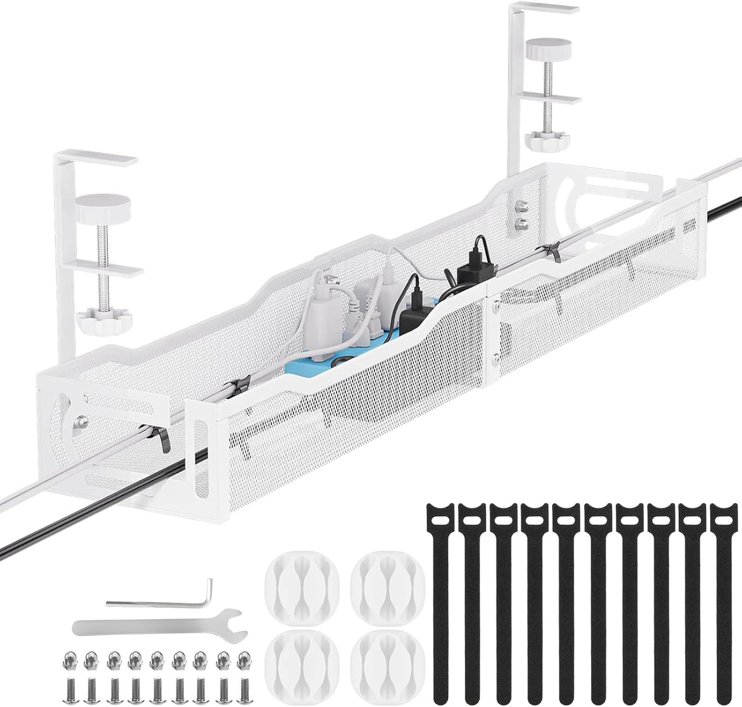 Mzmaxy - Cable Management, 25'' Cable Management under Desk No Drill, Metal Cord Organizer with Clamp for Standing Desk, Cable Organizer for Home Office, White - Serious Techies