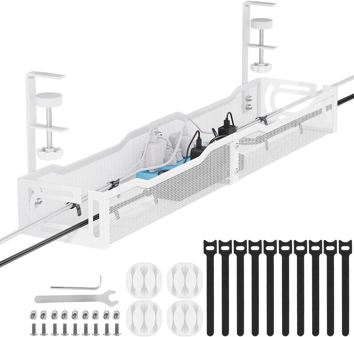 Mzmaxy - Cable Management, 25'' Cable Management under Desk No Drill, Metal Cord Organizer with Clamp for Standing Desk, Cable Organizer for Home Office, White - Serious Techies
