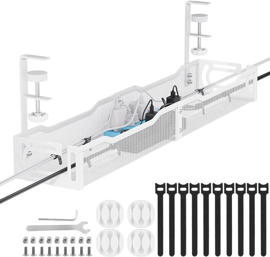 Mzmaxy - Cable Management, 25'' Cable Management under Desk No Drill, Metal Cord Organizer with Clamp for Standing Desk, Cable Organizer for Home Office, White - Serious Techies