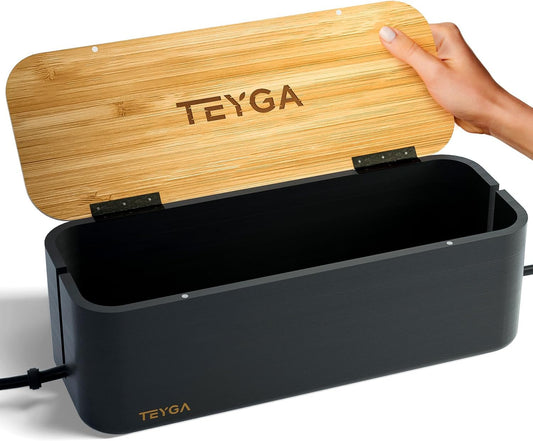 TEYGA - Bamboo Cable Management Box - Stylish Cord Organizer Box Hides Power Strip and Keeps Cords Untangled - Surge Protector Cover Keeps Child Safe - TV Cord Box for Home and Office (Premium - Black) - Serious Techies