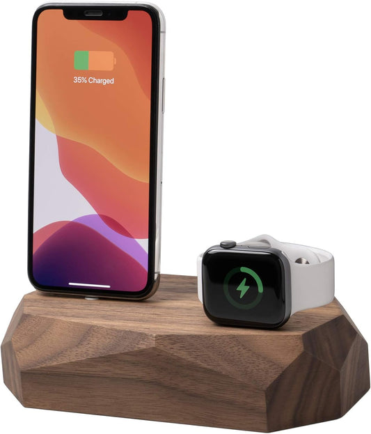 Oakywood - 2In1 Wood Docking Station Compatible with Apple Watch, Compatible with Iphone - Dual Charging Station, 1 X Lightning USB-A Connector Included - Combo Dock - Walnut - Serious Techies