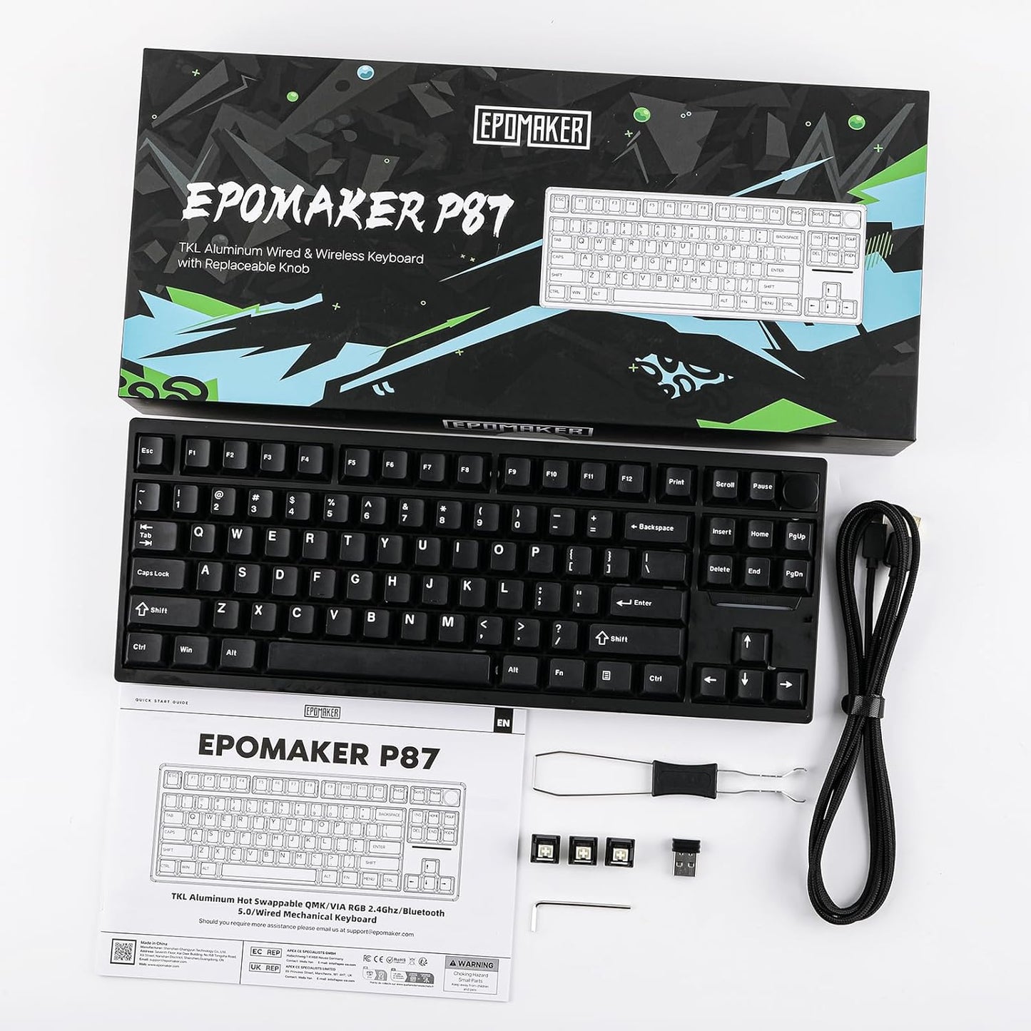 EPOMAKER - P87 TKL Aluminum Wireless Gaming Keyboard, QMK/VIA Programmable, 87% Bluetooth/2.4Ghz/Usb-C, with CNC Metal Knob and RGB Backlight (Black, Wisteria Tactile Switch) - Serious Techies
