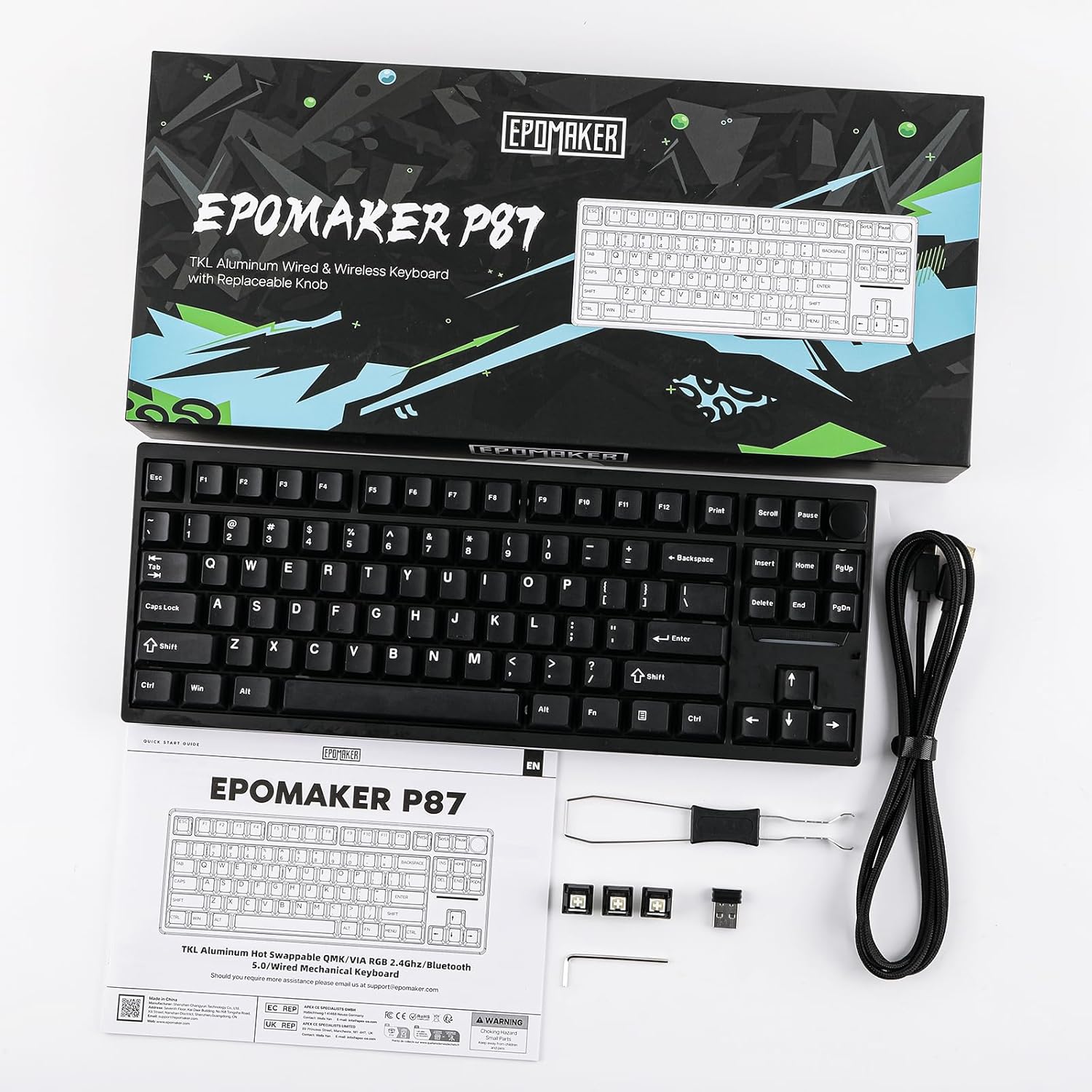 EPOMAKER - P87 TKL Aluminum Wireless Gaming Keyboard, QMK/VIA Programmable, 87% Bluetooth/2.4Ghz/Usb-C, with CNC Metal Knob and RGB Backlight (Black, Wisteria Tactile Switch) - Serious Techies