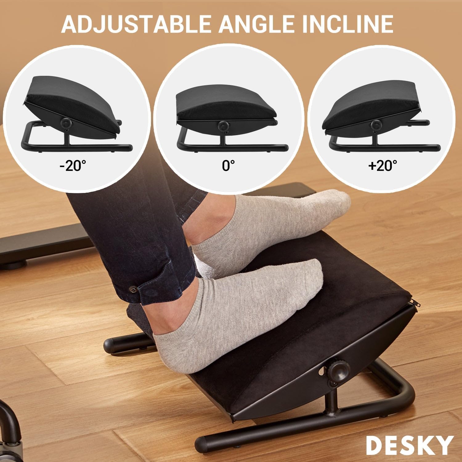Desky - Cushioned Foot Rest – Ergonomic under Desk Footrest with Adjustable Tilt, Soft Suede Cover, Non-Slip Base – Black - Serious Techies