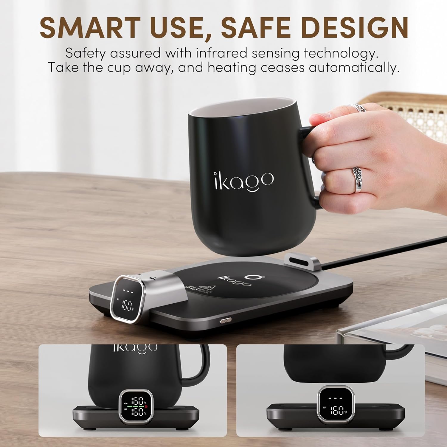 Ikago - Coffee Mug Warmer Set, Temperature Control Smart Heated Mug for Desk, Electric Coffee Warmer with Auto Shut off & Real-Time Temp Display, Gifts for Men Women, 15Oz, Black - Serious Techies