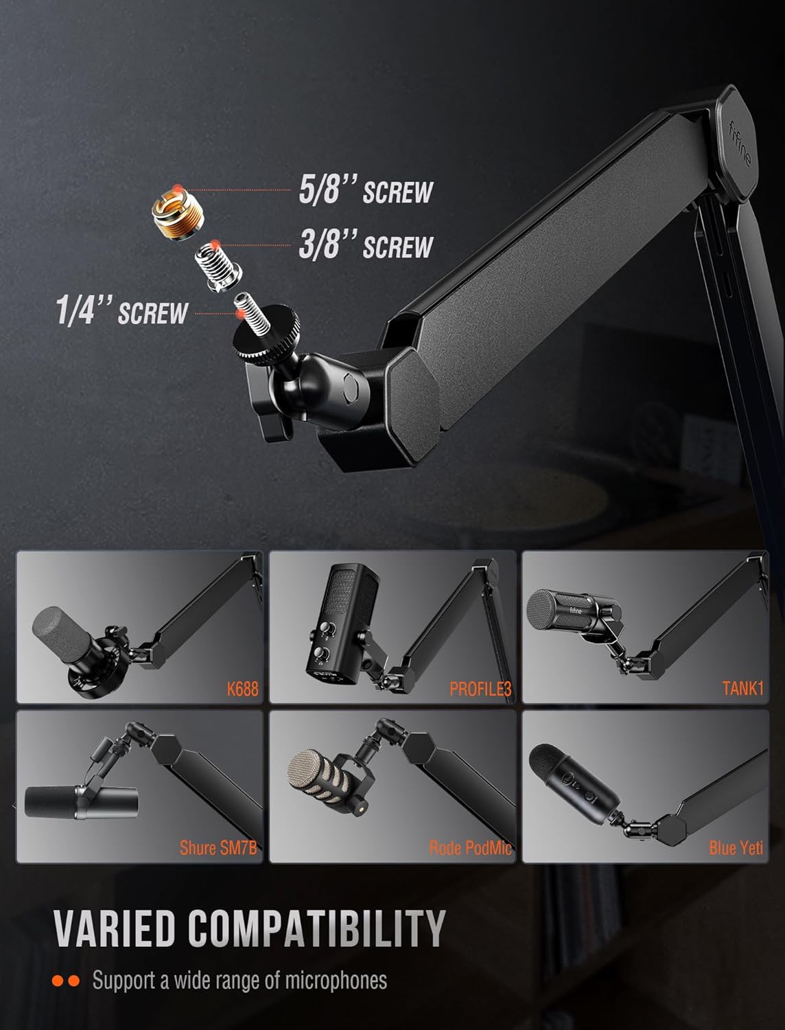 FIFINE - Mic Arm Stand, Microphone Boom Arm with Desk Clamp, Cable Channels, 3/8" to 5/8" Threads, Heavy Metal Microphone Stand for Podcast, Vocal Recording, Gaming-Bm66 Black - Serious Techies