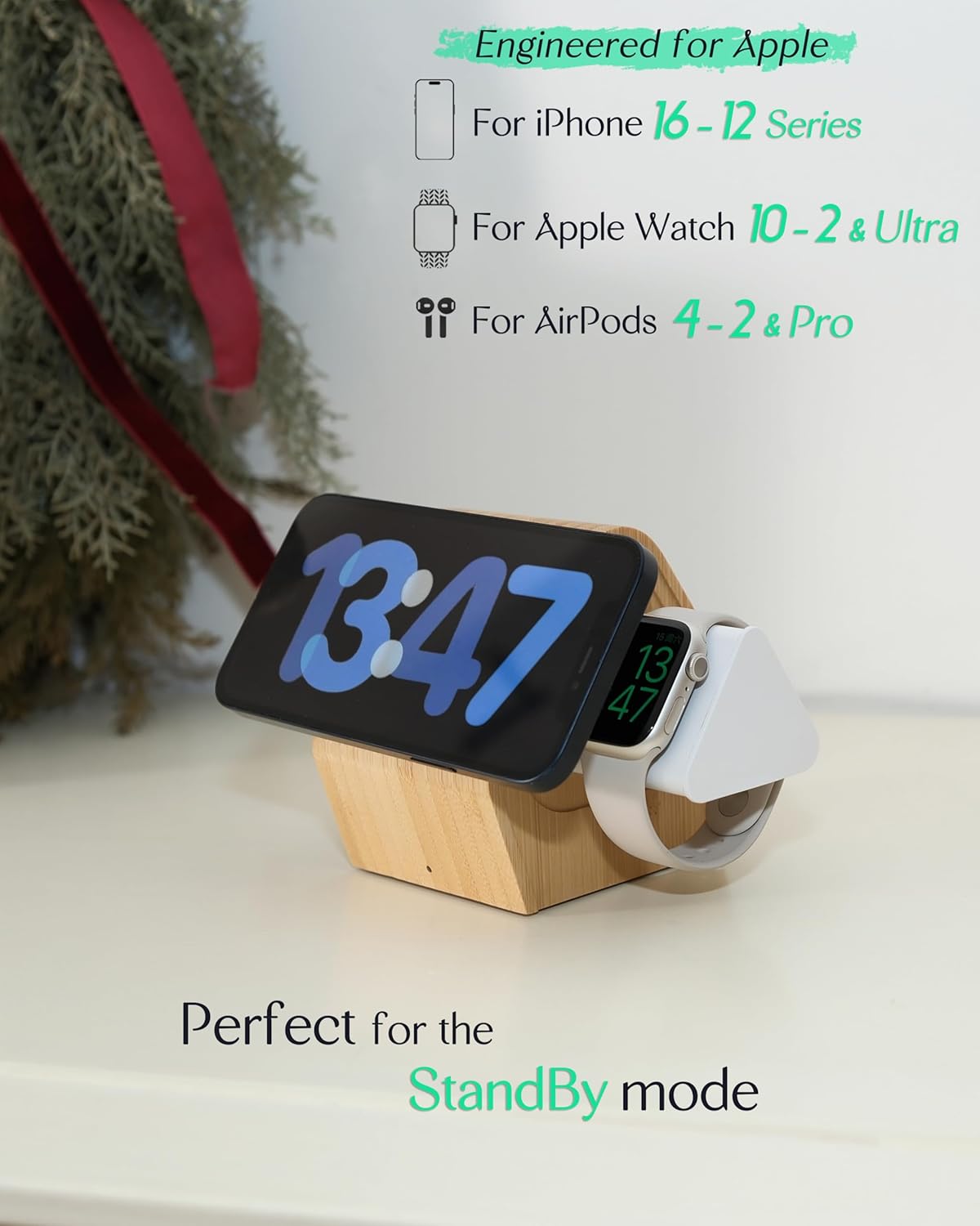 DYEWEAVE - Bamboo Wireless Charging Station for Apple: 3-In-1 Charger Stand with Cabin Style for Iphone 16 15 14 13 12 Series, Apple Watch 10-2, Ultra, and Airpods 4-2, Pro, Magsafe Wireless Charger(20W Adapter) - Serious Techies