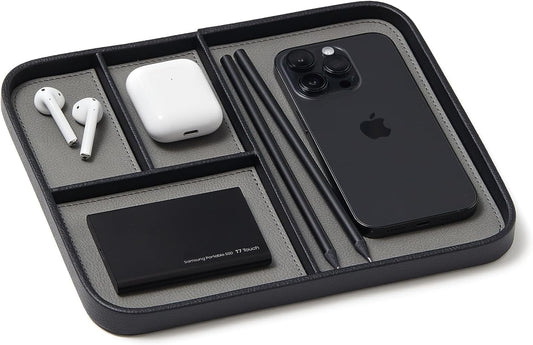 Nordik - Leather Valet Tray - Pebble Black - Premium Vegan Leather Stylish and Organised Nightstand Tray for Men - EDC Catchall Tray for Keys, Watch, Wallet, Jewellery - Modern Bedside Caddy - Serious Techies