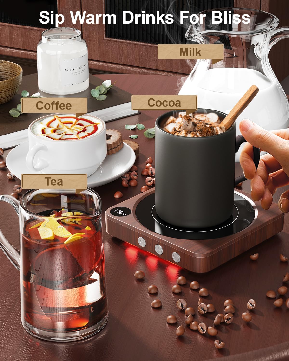 House Gem - Mug Warmer - 36W Coffee Mug Warmer for Desk with Temperature Display, 2-12Hrs Auto Shut Off, Smart Candle Warmer - Ideal Coffee Gifts Accessories Keep Beverages Coffee Warmer (Wood) - Serious Techies