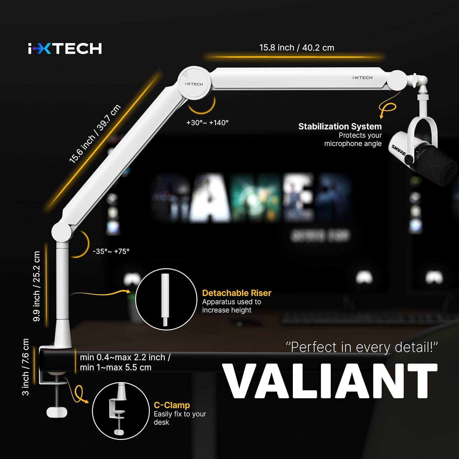 IXTECH - Mic Arm White Premium Boom Arm 360° Rotatable Microphone Arm Stand with Desk Mount Fully Adjustable Sturdy and Universal VALIANT WHITE Model - Serious Techies