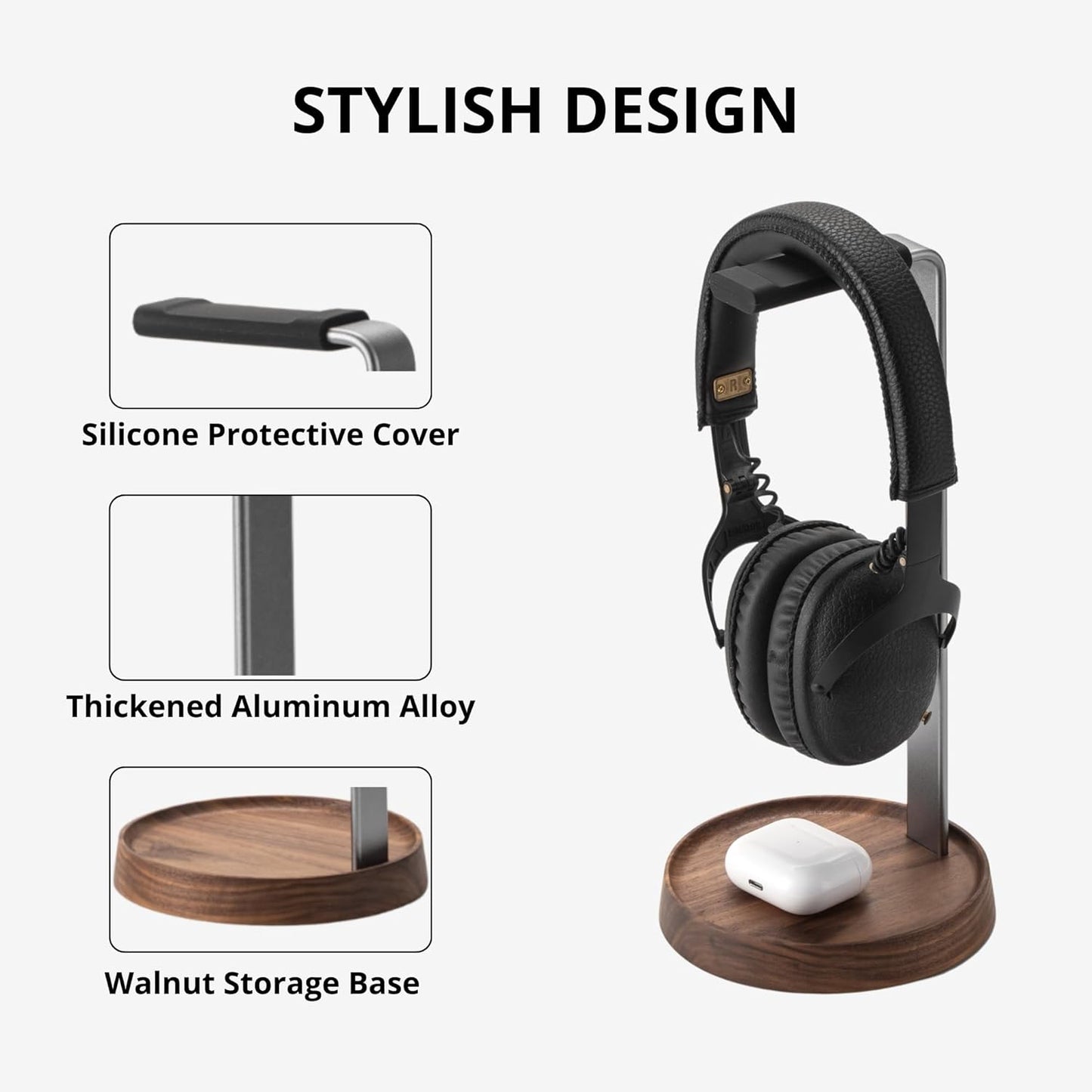 muso - Walnut Headphone Stand, Universal Headset Stand with Storage Base, Wood Desktop Headphone Holder for Gaming Headset and Music Headset - Serious Techies