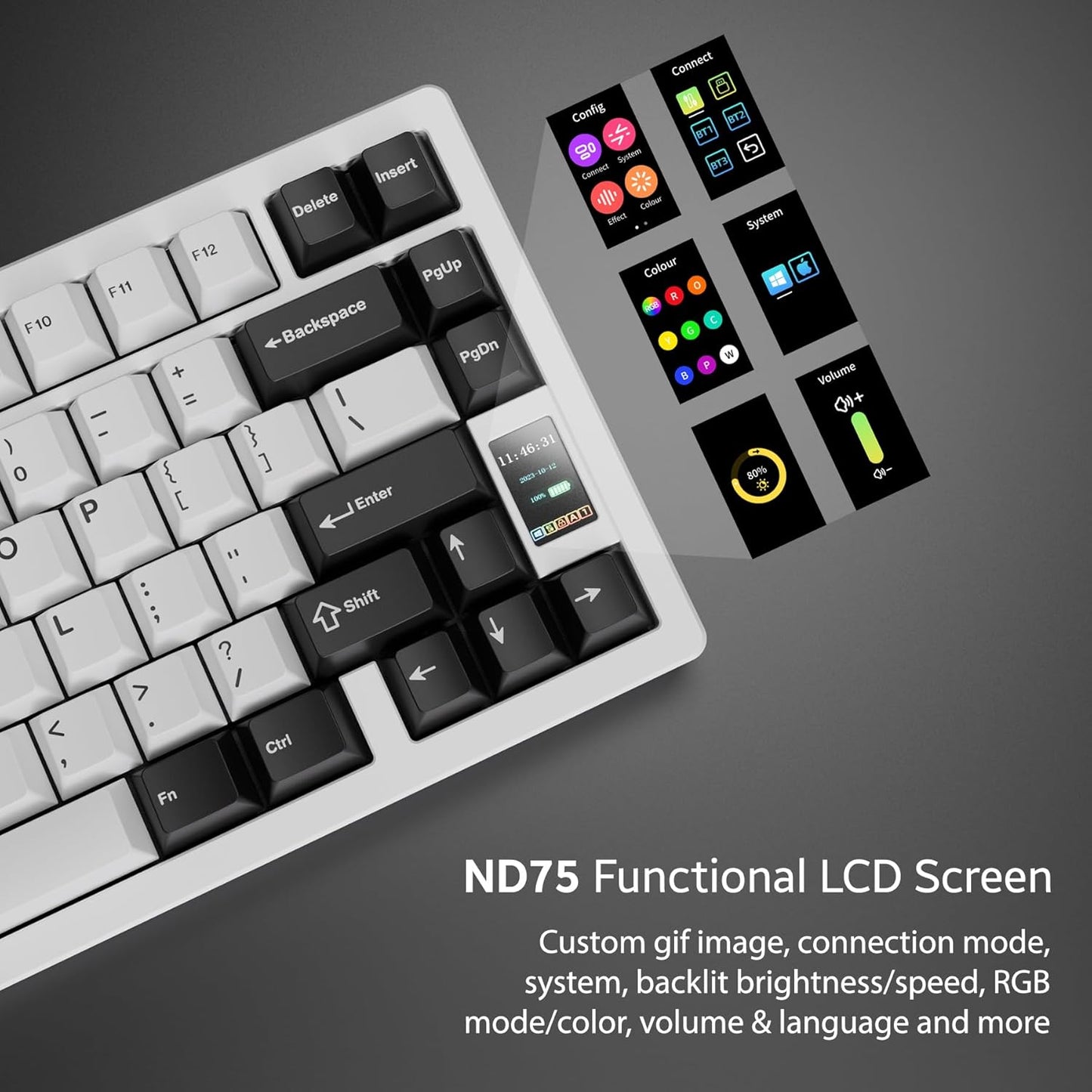 Chilkey - ND75 Aluminum 75% Wireless Mechanical Gaming Keyboard with LCD Screen, Quick Assembly, BT/2.4G/USB-C, Hot Swappable Per-Key RGB Custom Keyboard for Windows, Macos - Serious Techies