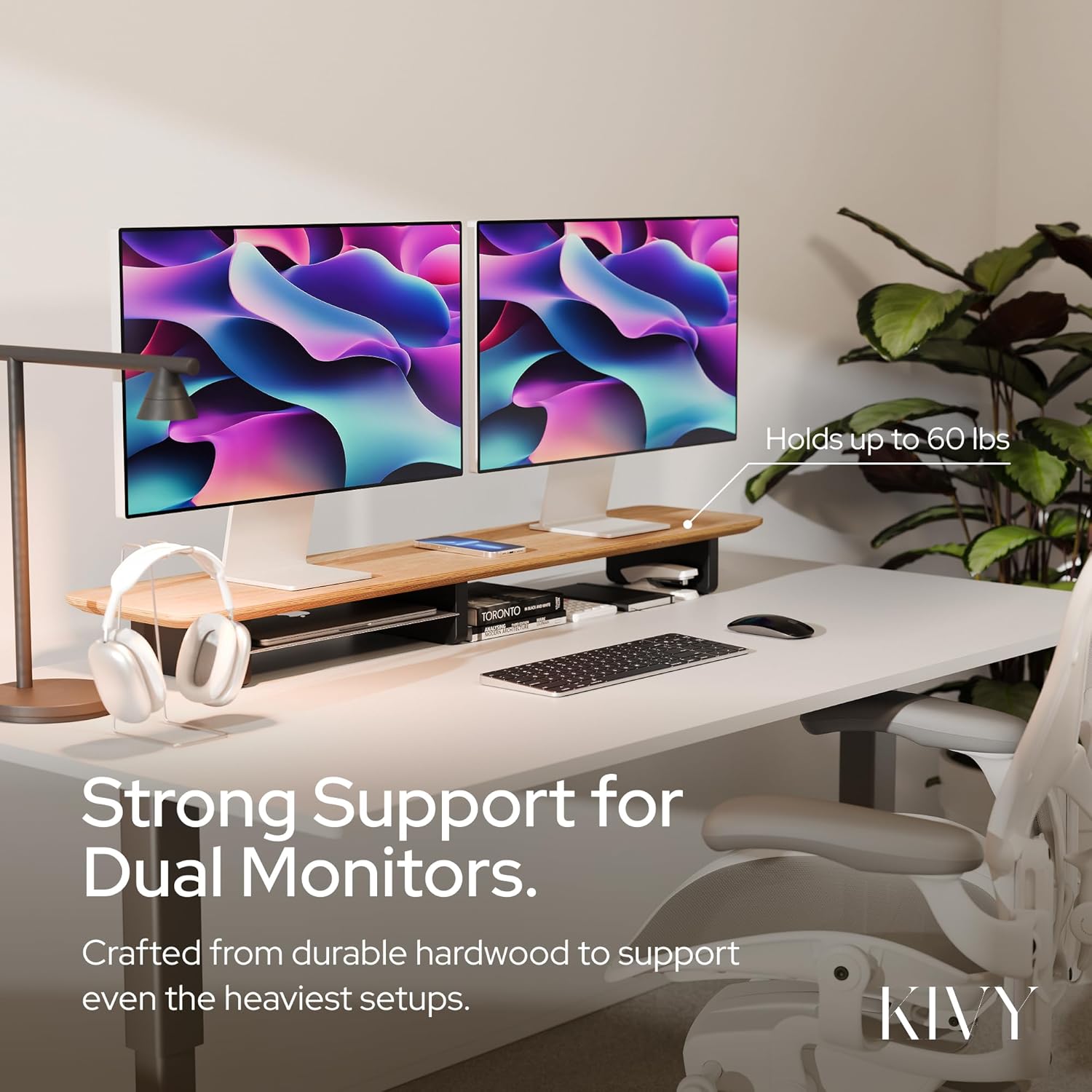 KIVY - Dual Monitor Riser with Integrated Metal Shelf - Wooden Desk Shelf for Top of Desk - Wood Monitor Stand for Desk 2 Monitors / Tv - Dual Monitor Stand Riser for Desk - Large Walnut Monitor Stand - Serious Techies